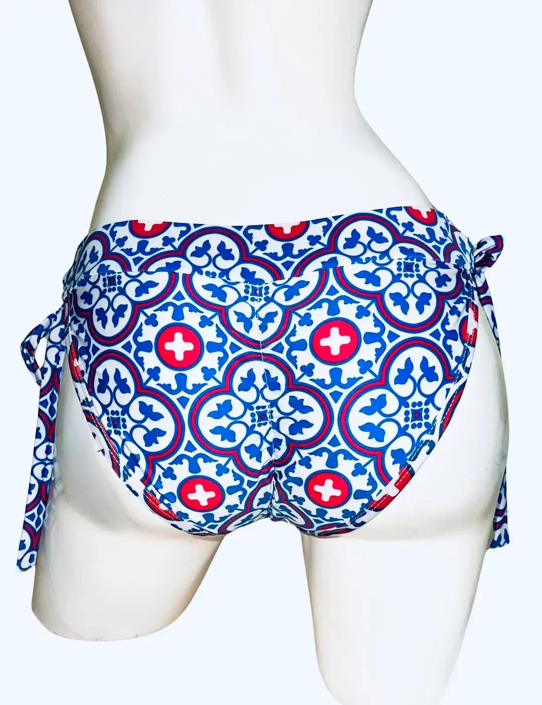 VIVIAN HIGH WAISTED BIKINI BOTTOM WITH TASSELS FRONT DETAIL IN MEMORIA HEIGHTS TILE PRINT - Image 2