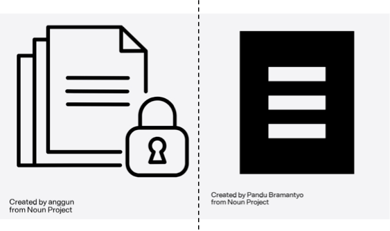 Iconic text with a lock (implying inaccessible) next to simple white on black text (implying accessible)