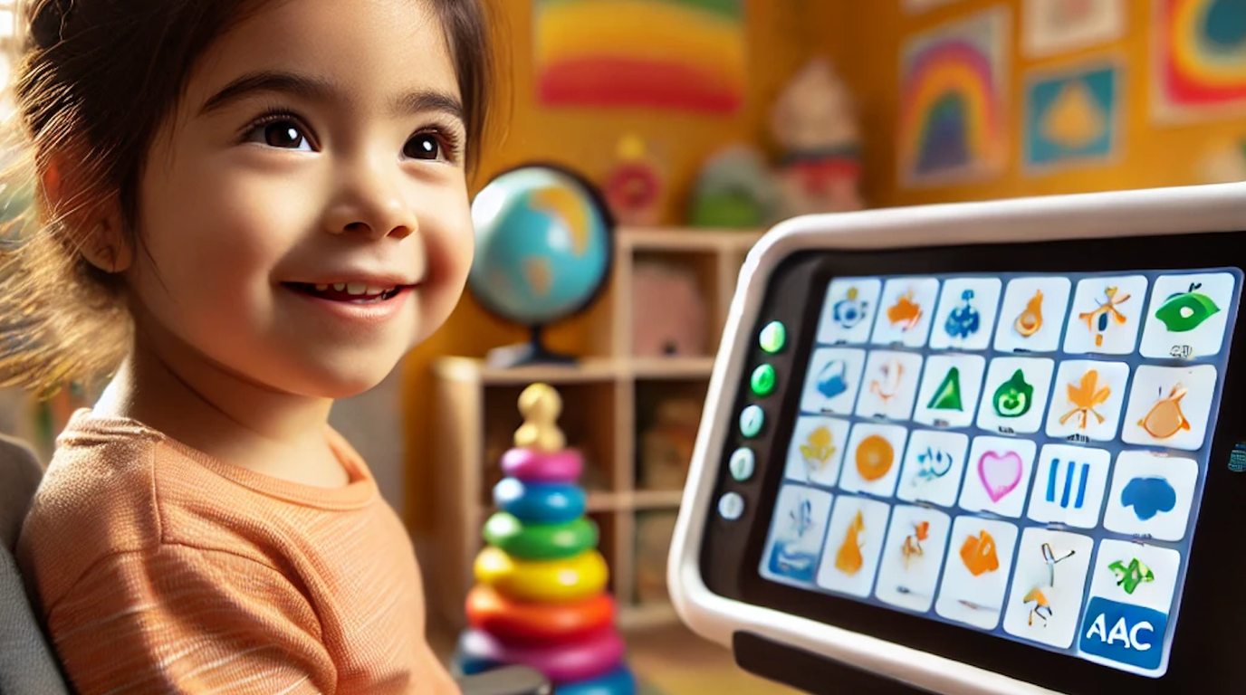 A Latino child smiling with an eye-gaze controlled AAC device in font of her.