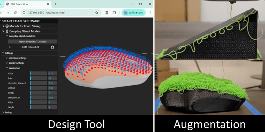 Banner image for SensiPrint showing a design tool where users can select parts of a mesh to augment, examples of 3D printing directly on objects, and example demos of 3D printed pressure sensors.