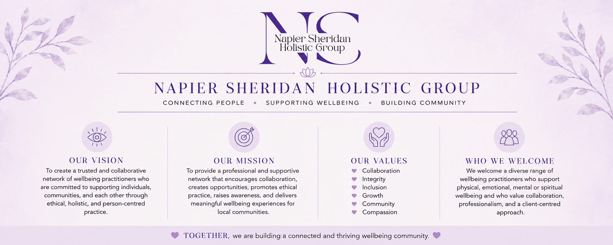 Napier Sheridan Holistic Group sharing who we are, our story and our vision of connecting trusted wellbeing practitioners, supporting collaboration and creating positive change within local communities.