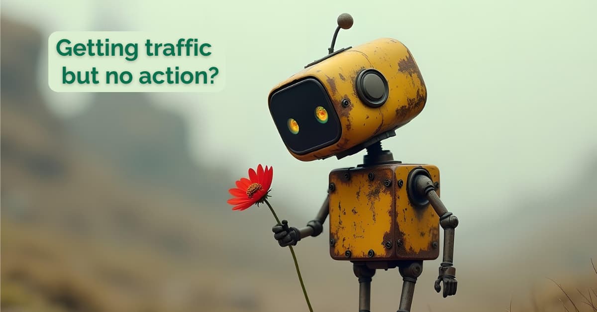 Make It Memorable robot advertisement with the message Getting traffic but no action?