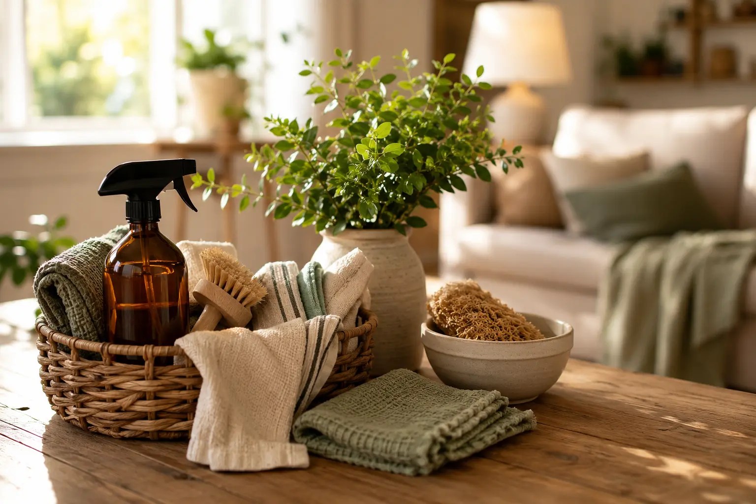Cleaning cloths, a spray bottle, and a basket of home cleaning supplies on a wooden table in a bright tidy room.