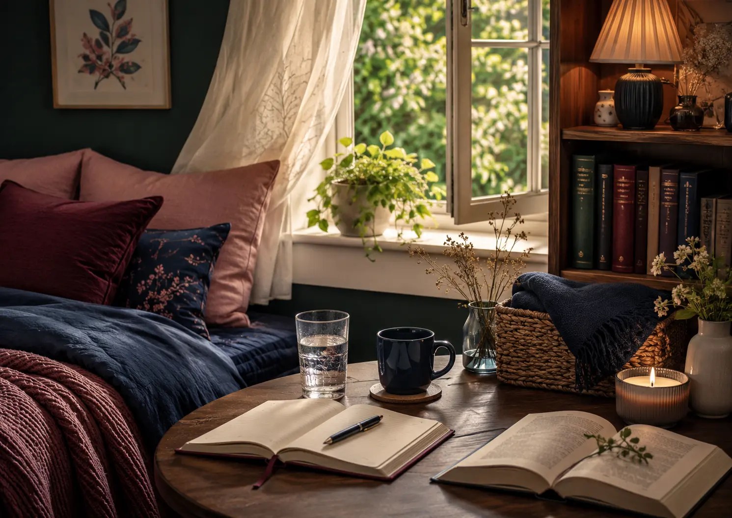 Cozy home corner with an open window, made bed, water glass, coffee cup, notebook, books, and warm lamp, suggesting small daily habits for a calmer life.