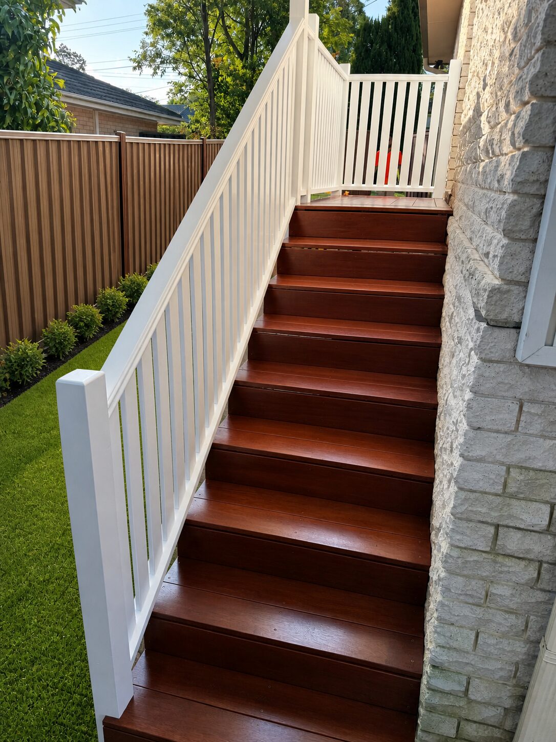 Completed timber stairs with white balustrade