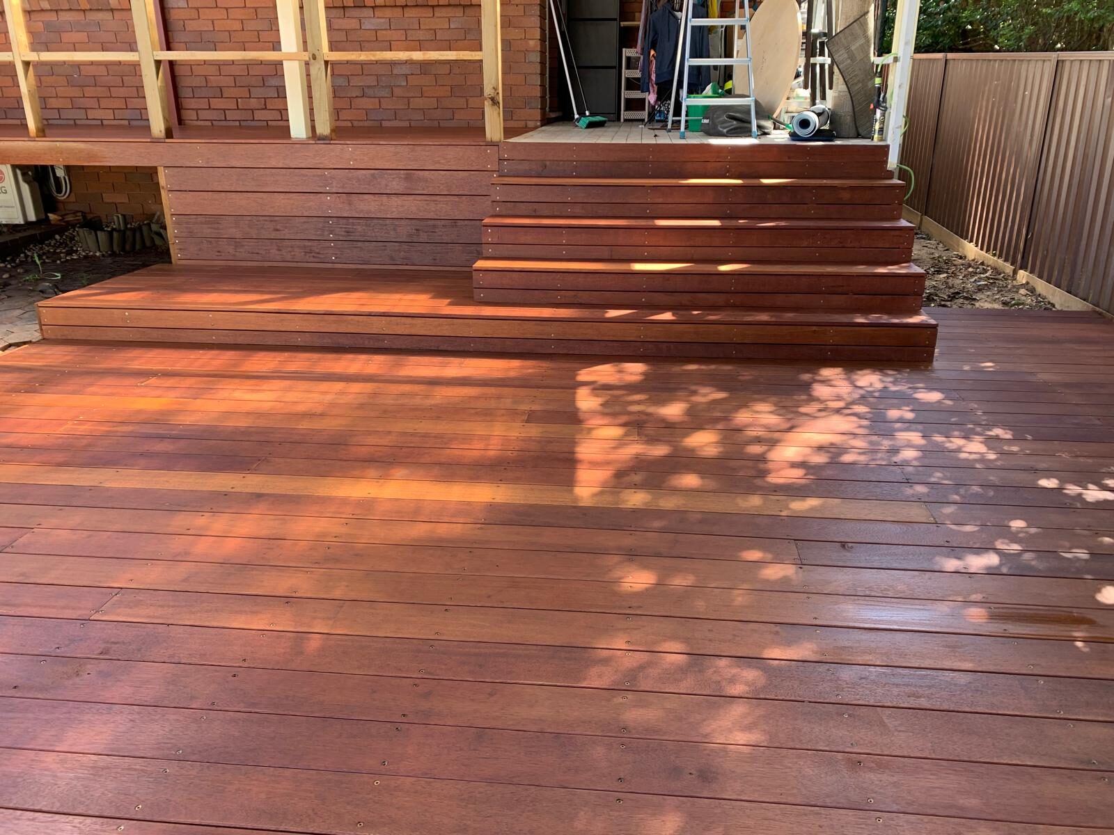 Completed multi-level timber deck and wide garden steps