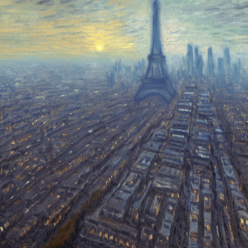 An AI generated image of Paris at dawn painted in the style of the impressionists.
