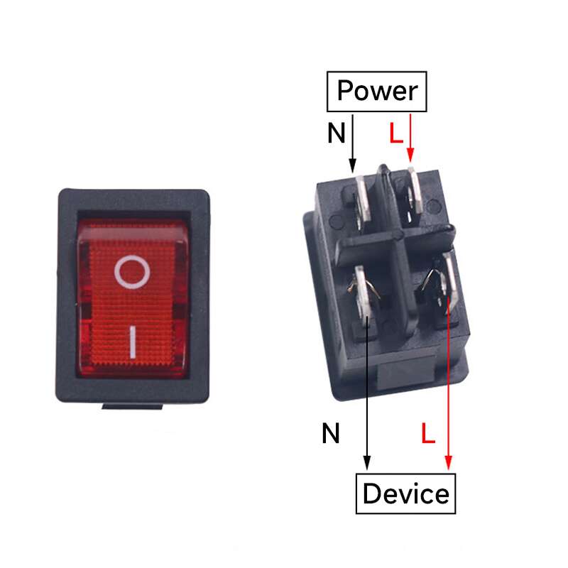 Interrupteur Bouton Poussoir Rouge KCD1-104 - SPST, 4 Broches, 6A/250V - Pour Panneau 15x21 Mm - 12