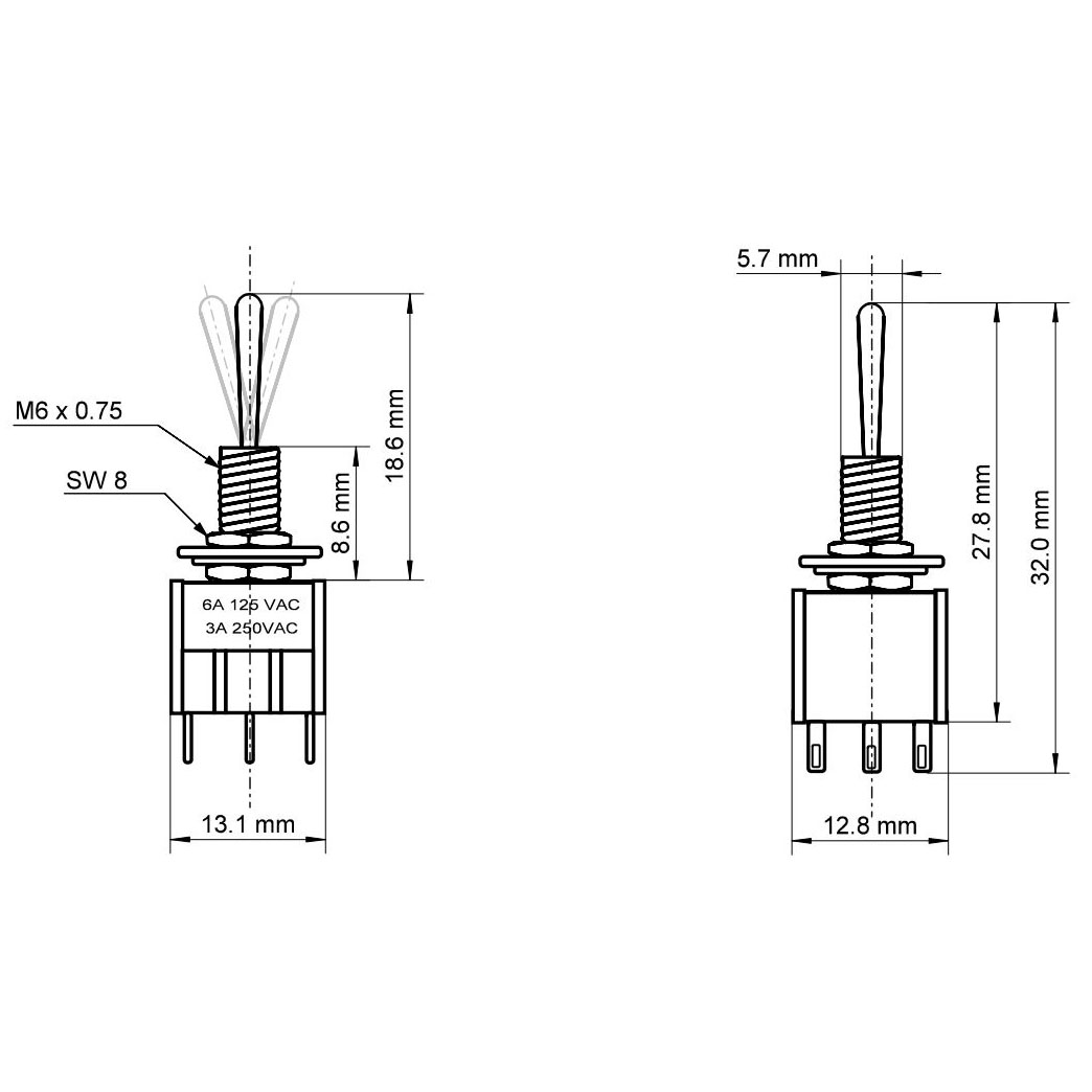 MTS-203 Toggle Switch ON-OFF-ON 6A 125VAC 6 Pin