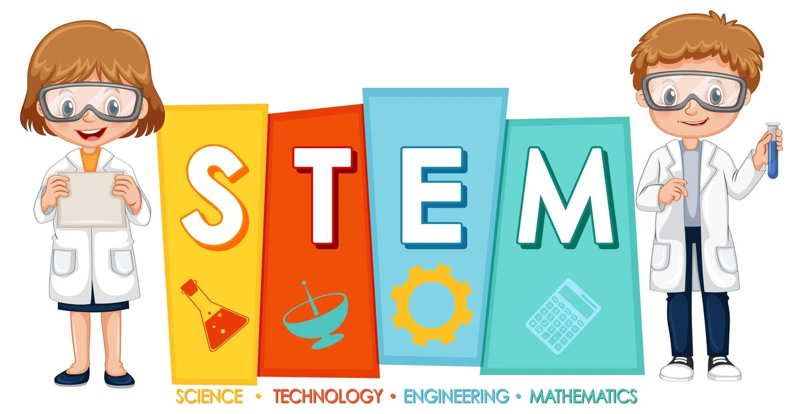Scientist kids cartoon character with STEM logo banner illustration