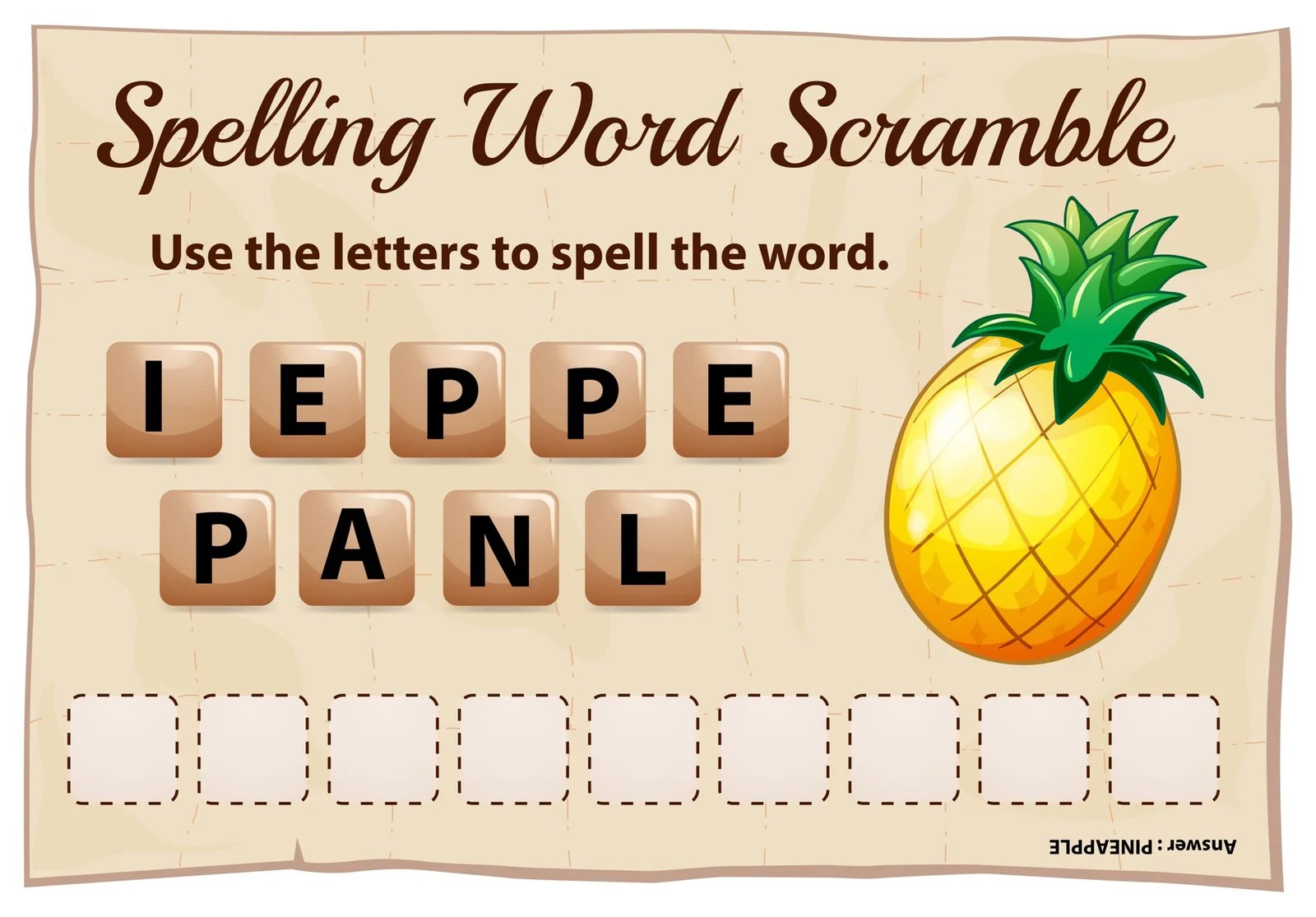 Spelling word scrable game with word pineapple illustration