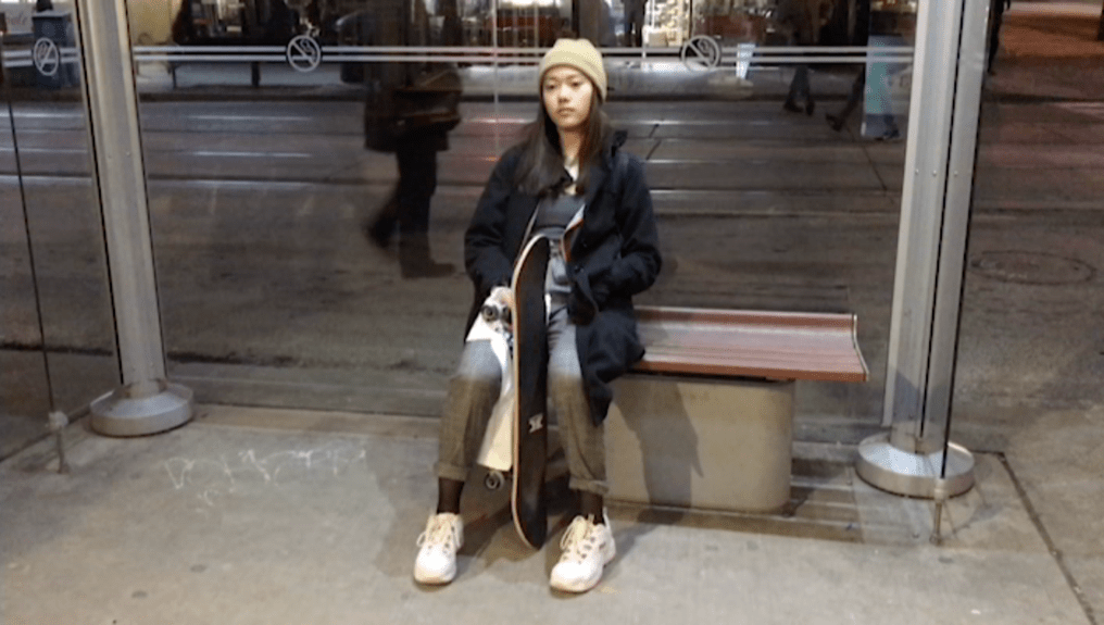 10: Girl waiting again for streetcar, thinking. Medium Long Shot (Bordwell and Thompson, 189) & Deep Space (Block, 16-18).