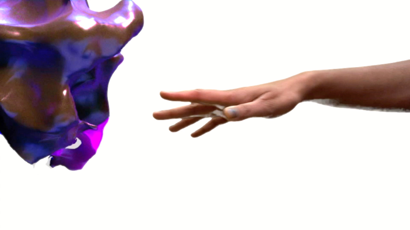 A hand reaching towards an abstract purple blob