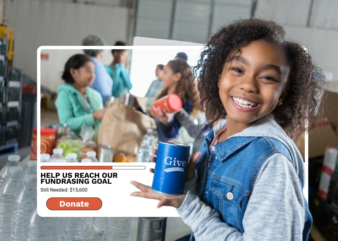 Smiling girl in a denim jacket holds a blue can labeled 'Give' at a food drive, with a fundraiser overlay showing Donate and goal text.