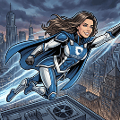Female superhero in blue armor soaring above a futuristic city skyline.