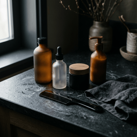 Amber bottles, dropper bottle, black jar, comb, and folded cloth on countertop