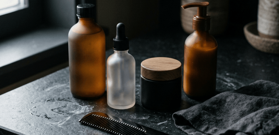 Amber bottles, dropper bottle, black jar, comb, and folded cloth on countertop