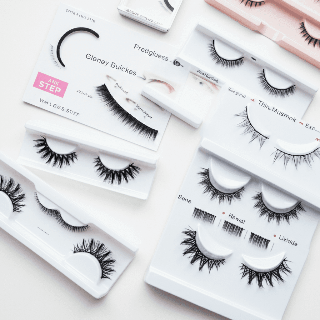Flat lay of magnetic, pre-glued, and thin-band fake eyelashes with a step-by-step guidebook on a white background.