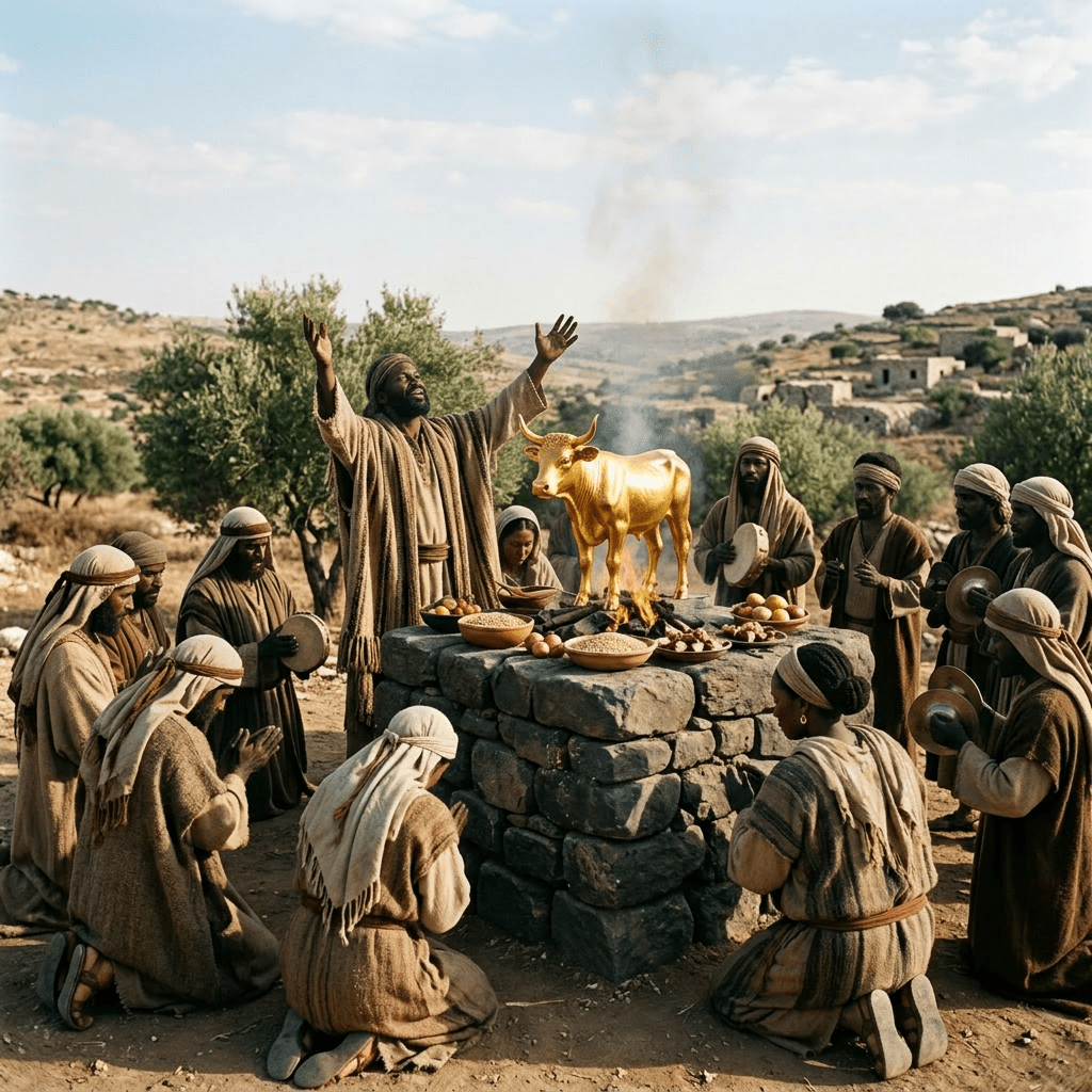 Group of people dressed in ancient robes worshiping a golden calf on a stone altar outdoors.
