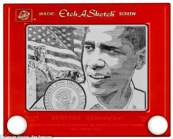 Obama portrait drawn on an Etch-A-Sketch