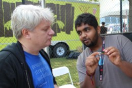 Amogha talking about the new board with Tom Igoe, one of the co-creators of the Arduino