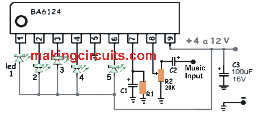 Simple 5 Led Music Level Indicator Using A Single Ic