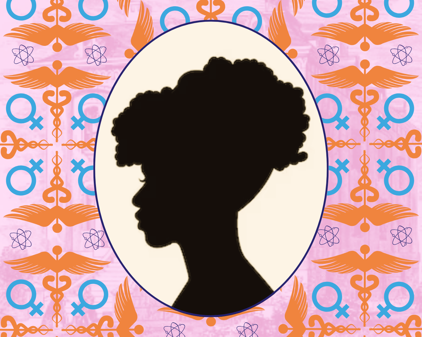 Over a pink textured background, repeating patterns of orange The Rod of Asclepius and the symbol for woman making a repeating pattern. In an oval-shaped photo of a black woman's silhouette.