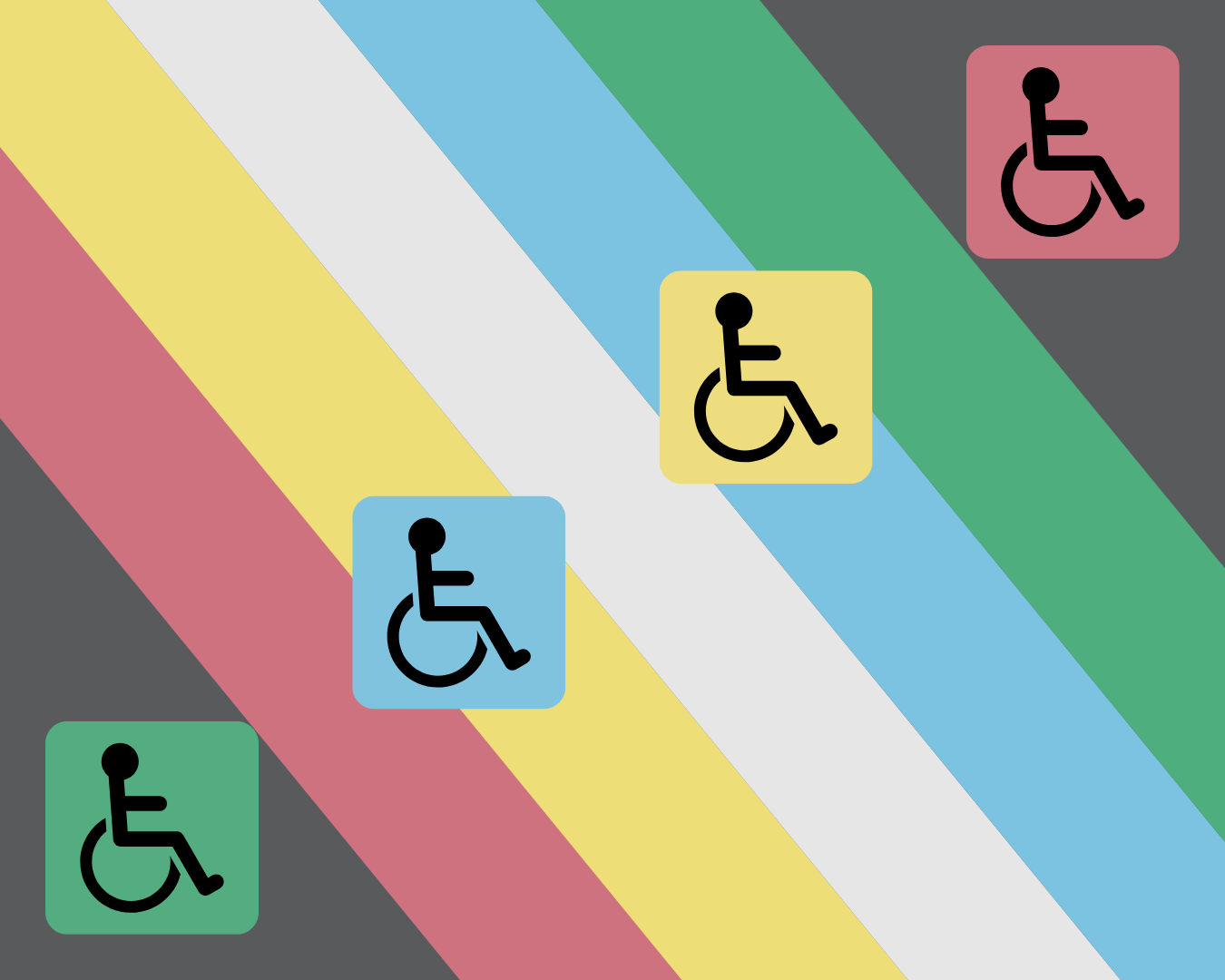 Disability pride flag, with wheelchair symbols in disability pride flag colors diagonally across the graphic.