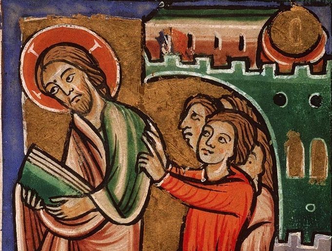 Jesus pushed out of Nazareth—medieval illumination, KB 76 F 5 (c.1190–1200)