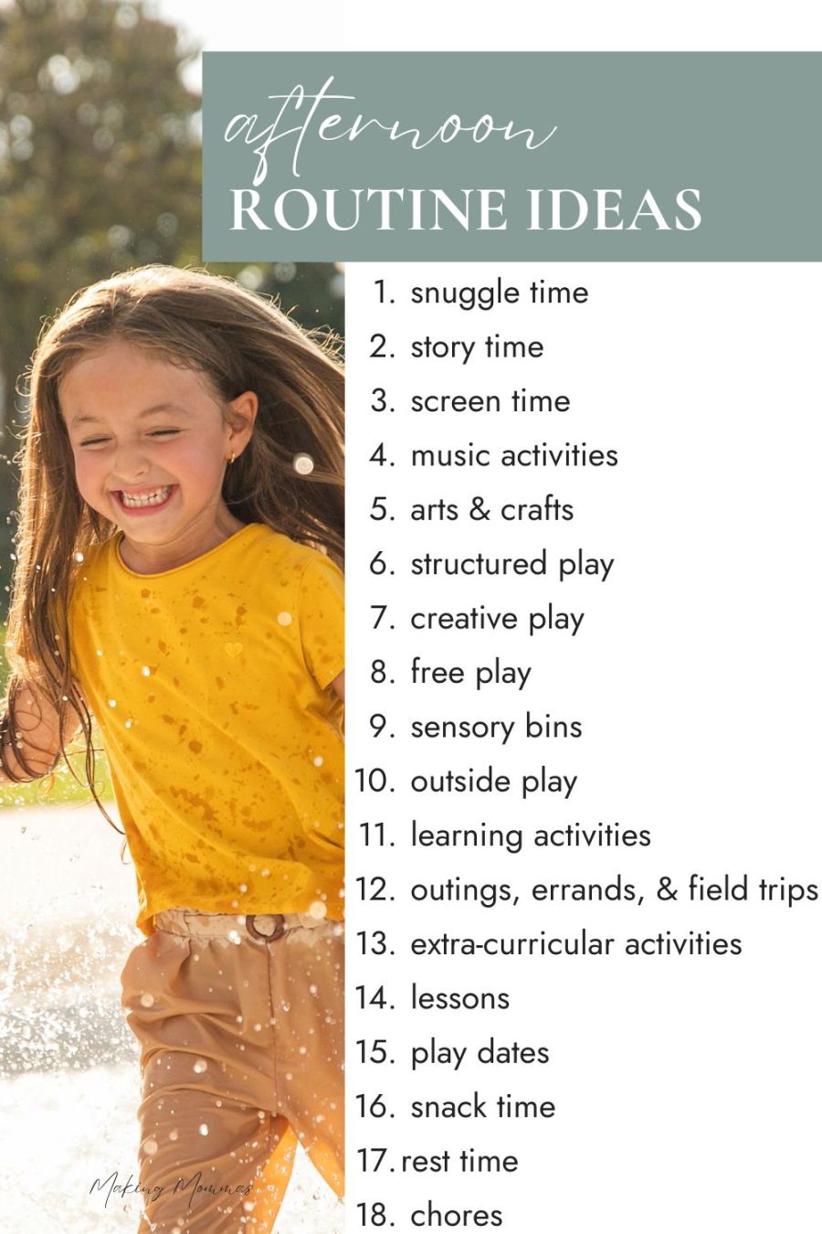 Pinterest Pin image that reads "afternoon routine ideas" with a list of ideas and a little girl running and smiling.