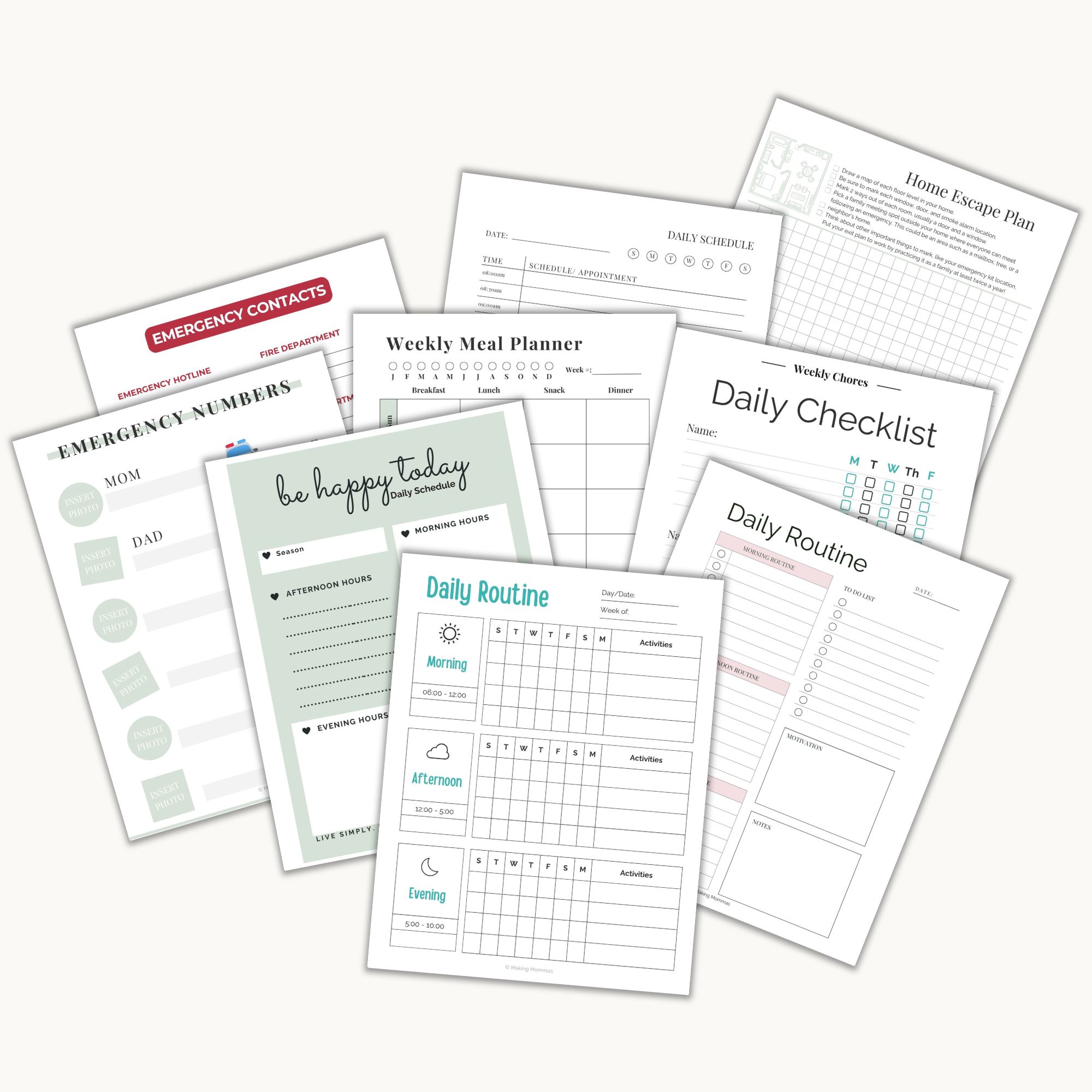 Printable Back-to-School Routine Kit including daily schedules, weekly meal planner, emergency contacts sheet, home escape plan, daily checklist, and chore charts for kids and families.