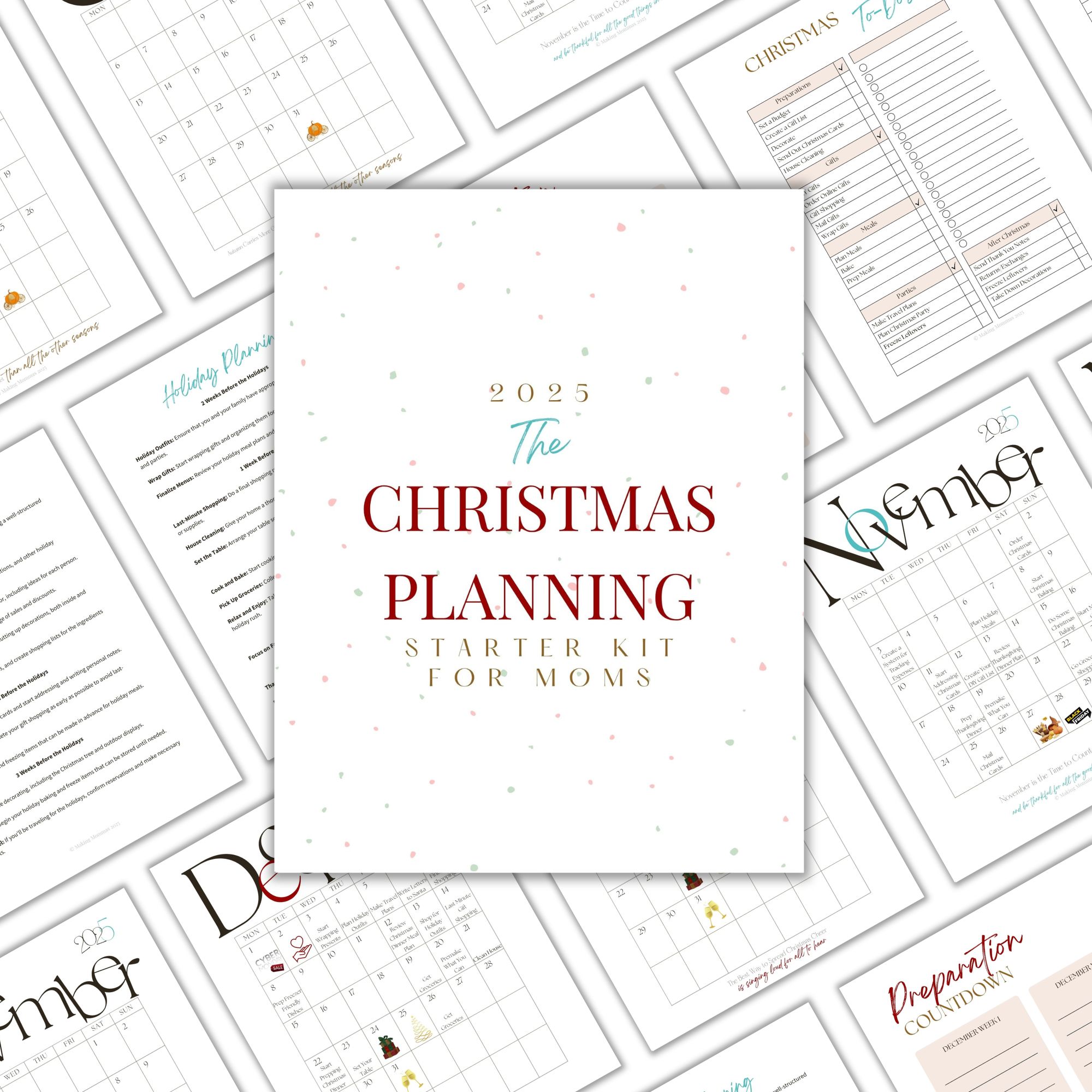 Flat lay image of the 2025 Christmas Planning Starter Kit for Moms, featuring printable holiday planning pages, to-do lists, preparation countdowns, and monthly calendars for November and December, all designed to help moms stay organized and stress-free during the holiday season.