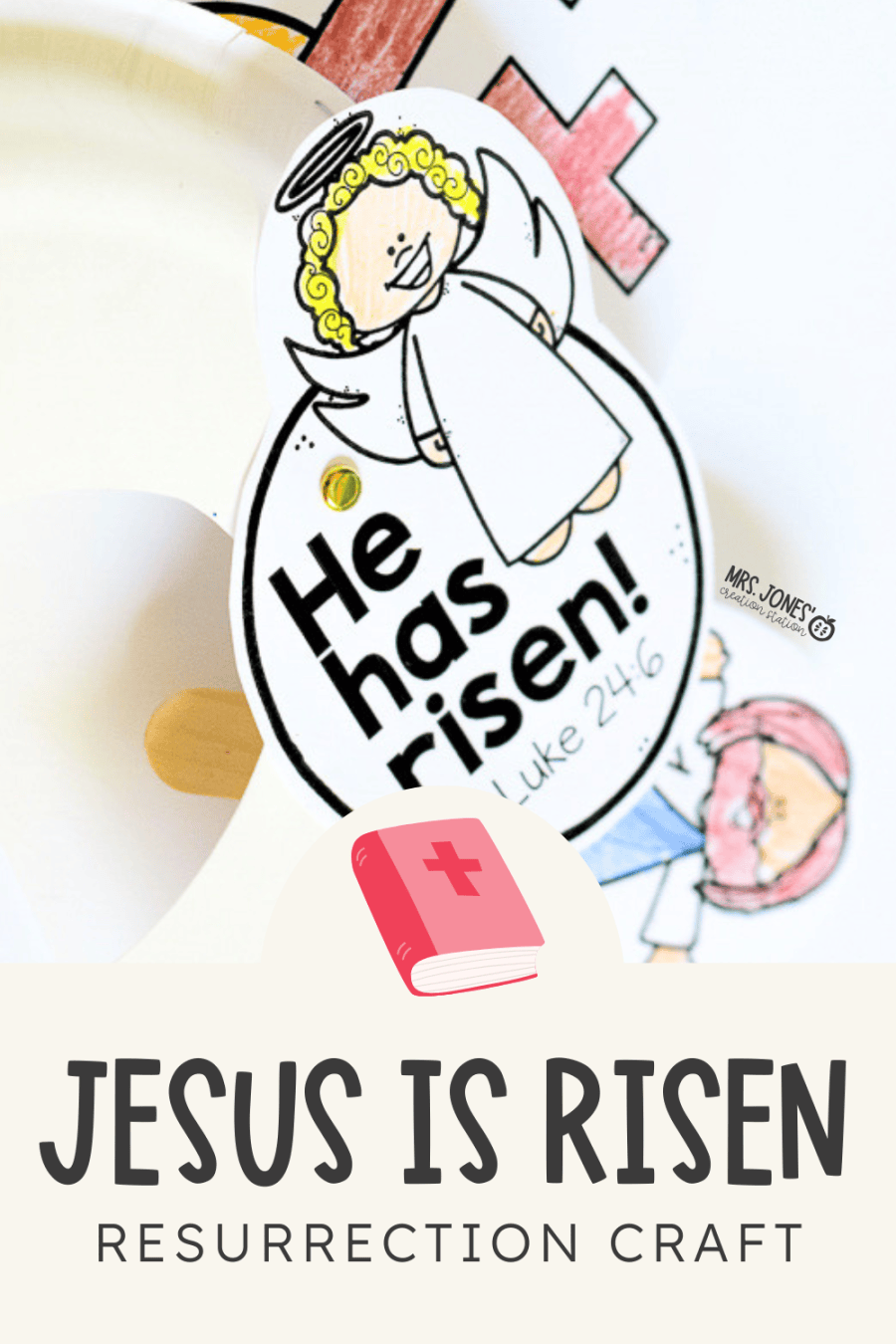 Printable “He Has Risen” resurrection craft for preschoolers featuring an angel and Bible verse from Luke 24:6.