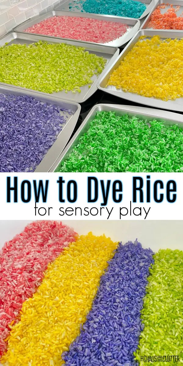 Trays of brightly colored dyed rice in different colors, used for sensory play activities for kids.