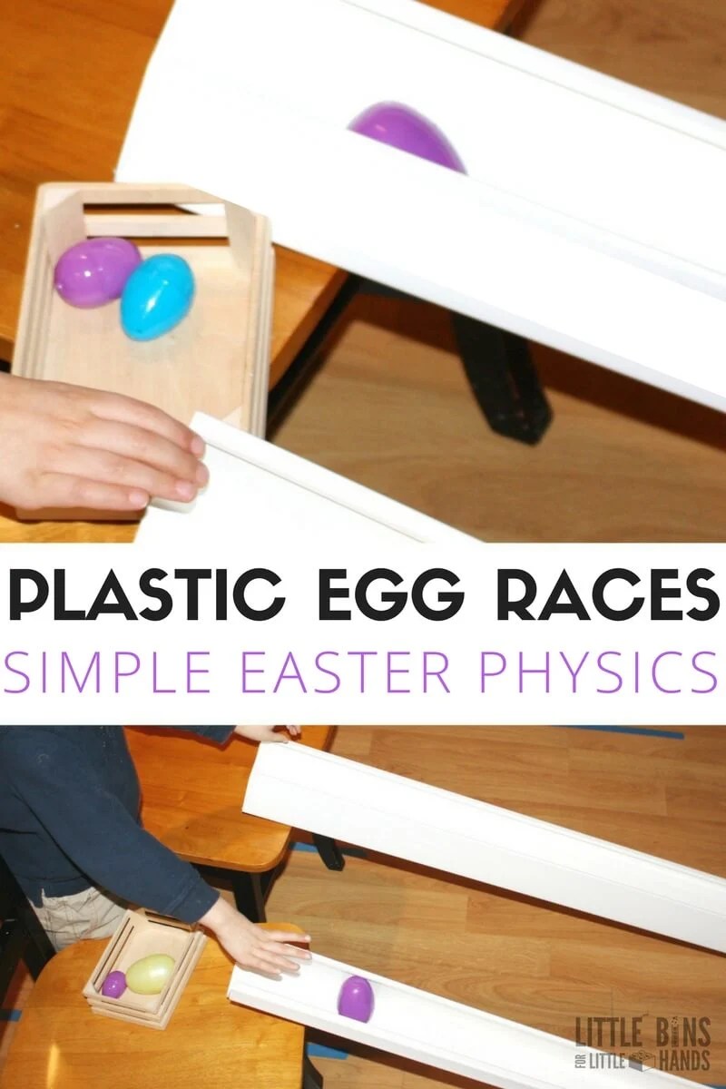 Child rolling plastic Easter eggs down a cardboard ramp in a simple Easter egg race experiment exploring motion and gravity.