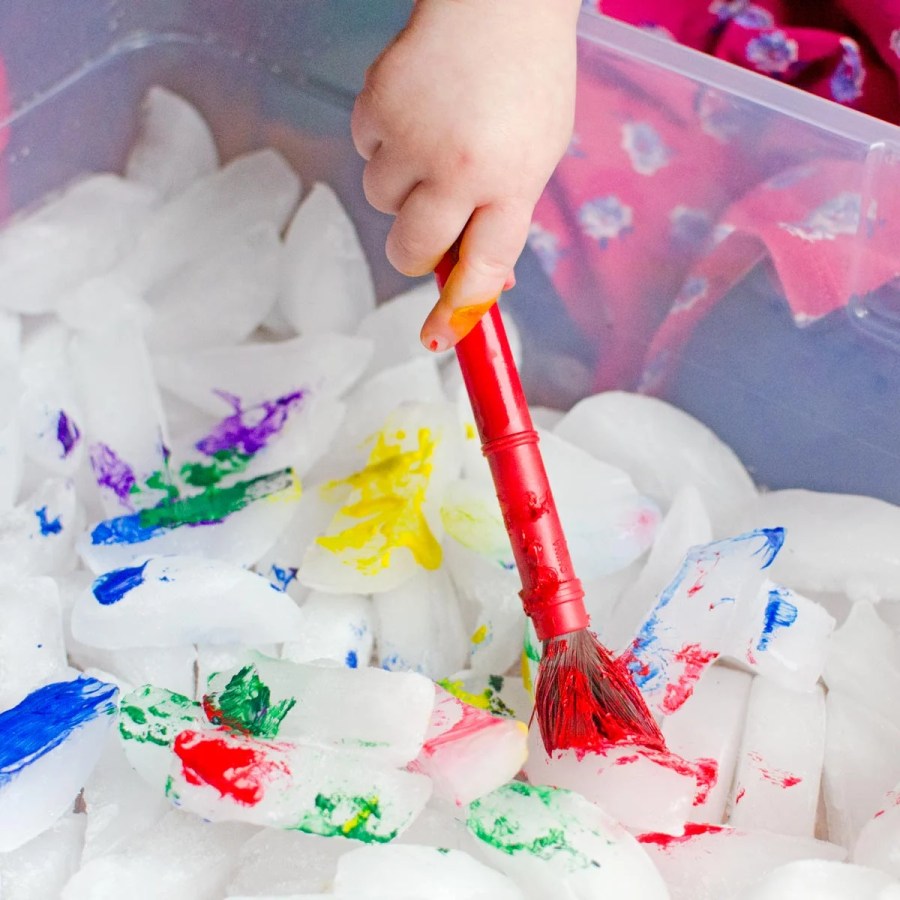 Painting ice cubes winter art activity for preschoolers
