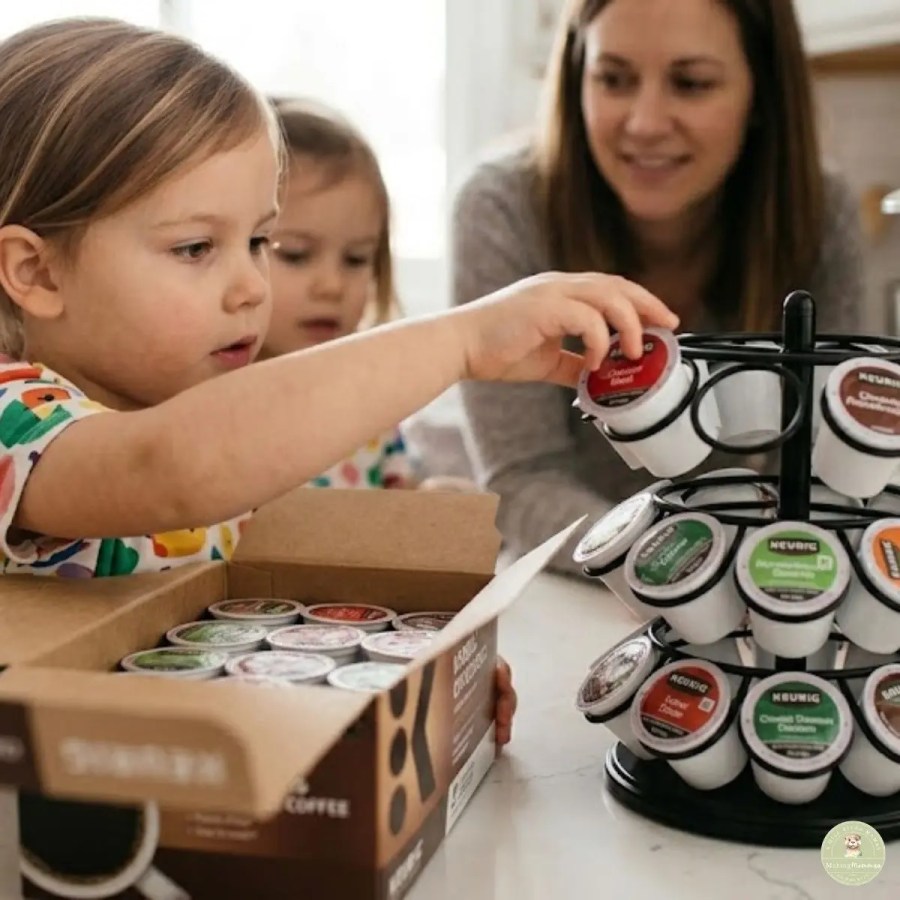 Toddler places coffee pods into a rotating kitchen organizer while another child and mother watch from the counter.