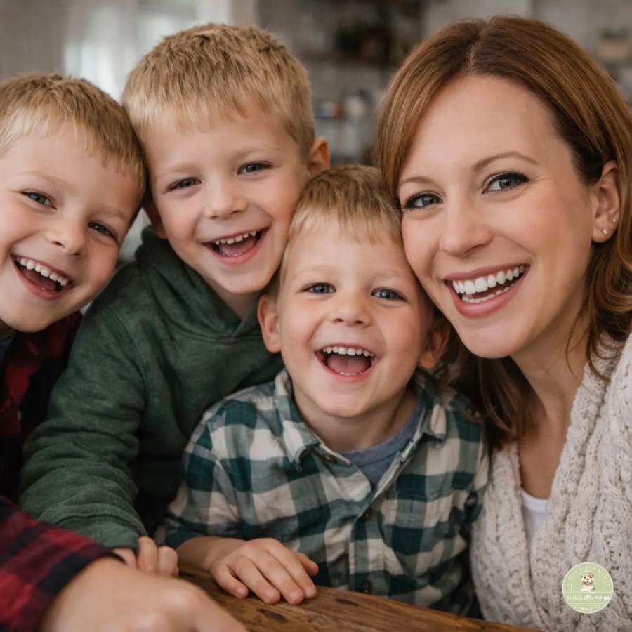 Mom with three young boys smiling in a close family selfie at home.