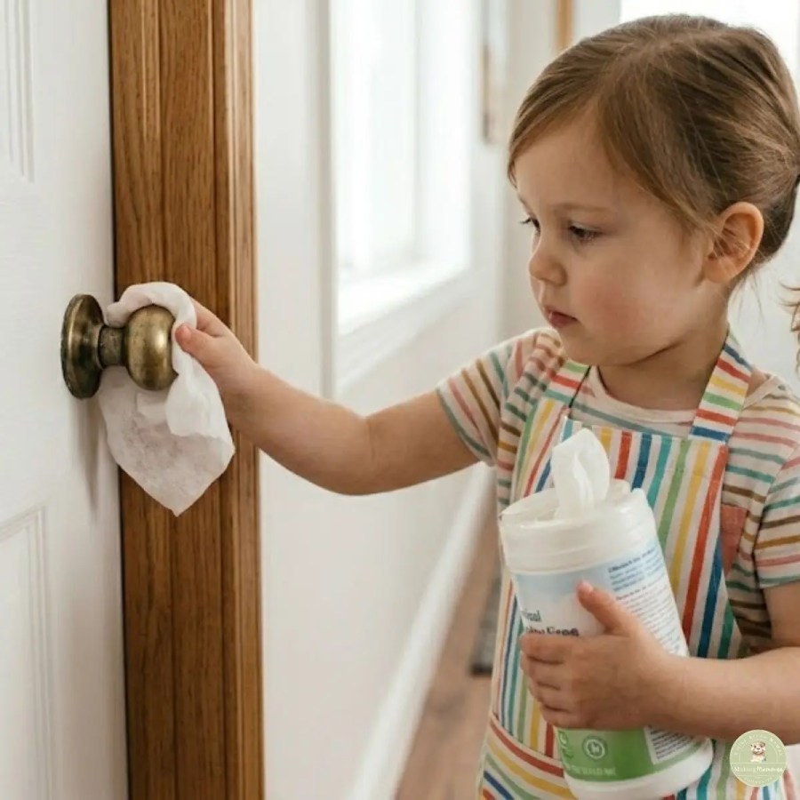 Toddler wearing a striped apron wipes a brass door knob with a cleaning wipe while holding a container of disinfecting wipes in a hallway.