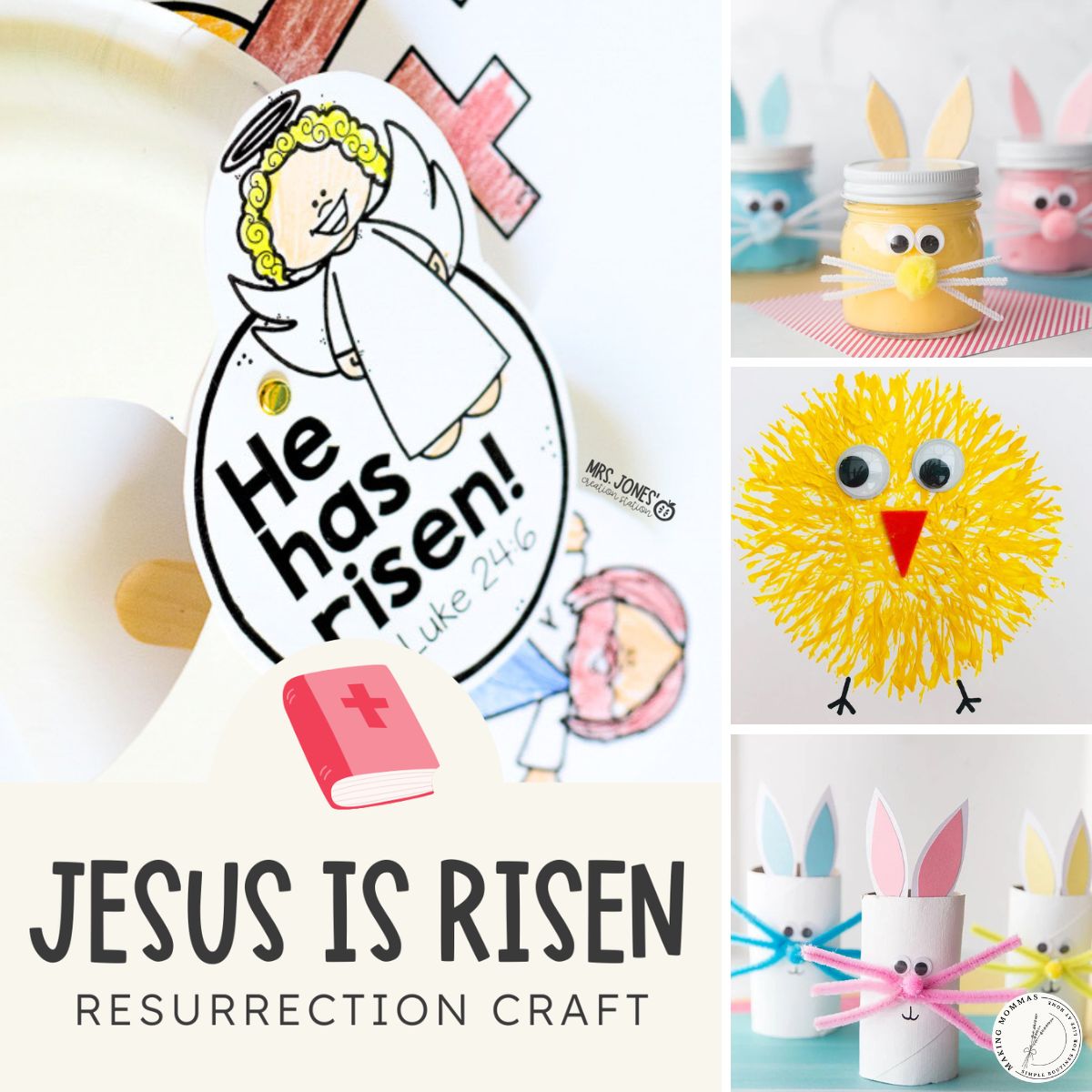 Collage of Easter activities for preschoolers including a Christian resurrection craft, Easter bunny jars, a chick craft, and toilet paper roll bunny crafts.