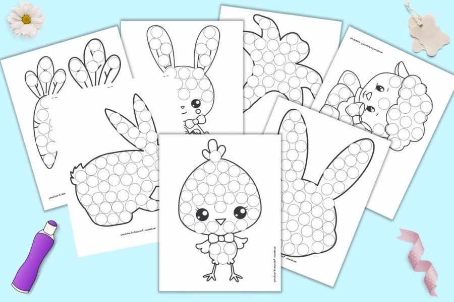 Free printable Easter do-a-dot worksheets featuring bunnies, chicks, and carrots for preschool fine motor practice.