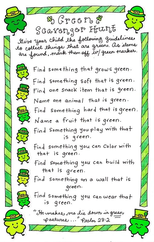 Printable Green Scavenger Hunt worksheet for kids with leprechaun clipart and prompts to find green items around the house.