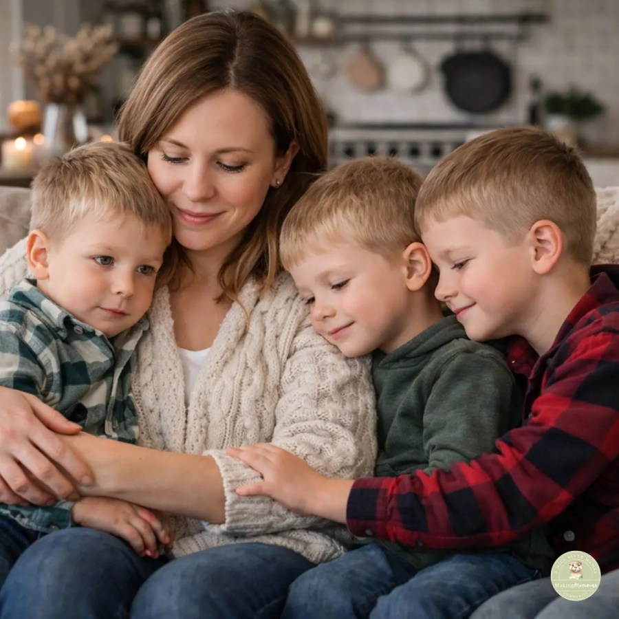 Mother sitting with three young boys on a couch in a cozy home, sharing a quiet family moment together.