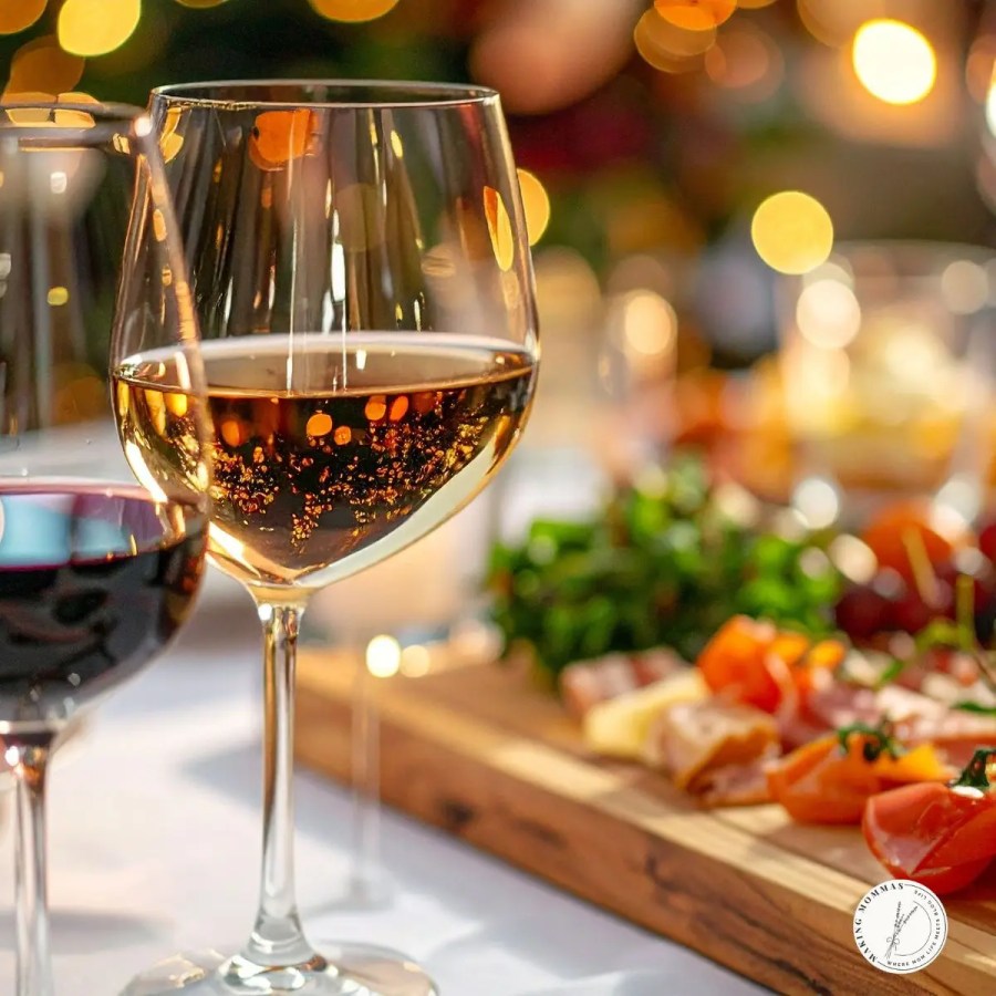 Two glasses of wine on a festive holiday table with charcuterie and appetizers in the background, surrounded by warm, glowing Christmas lights.
