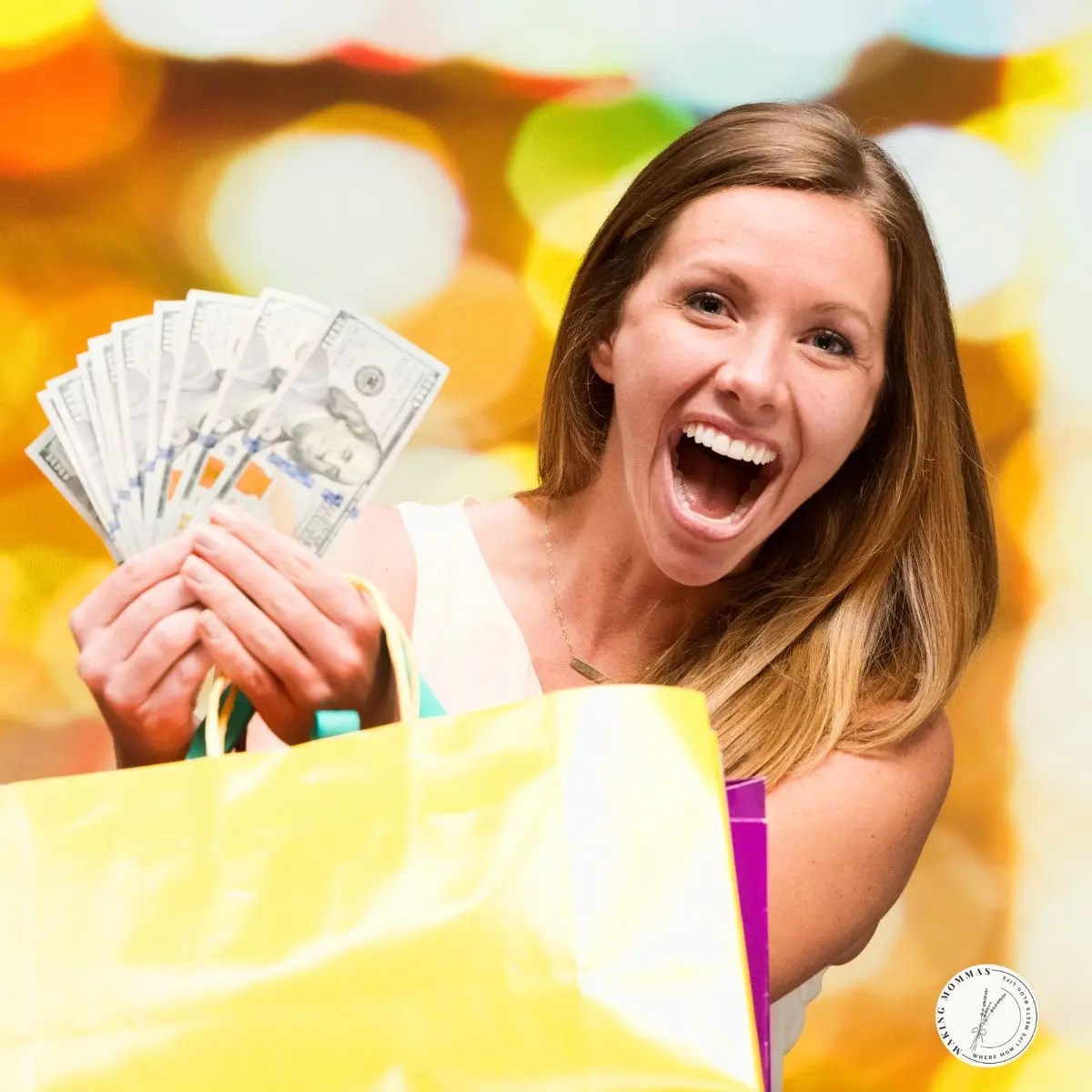 A cheerful woman holds a fan of cash and colorful shopping bags against a festive golden background, symbolizing the excitement of finding simple ways to make money for Christmas.