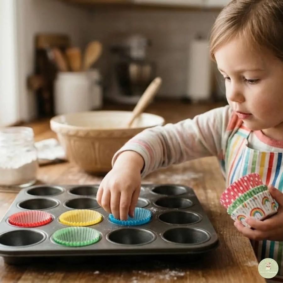 Toddler in a striped apron places colorful cupcake liners into a muffin tin at a kitchen table while helping prepare for baking.