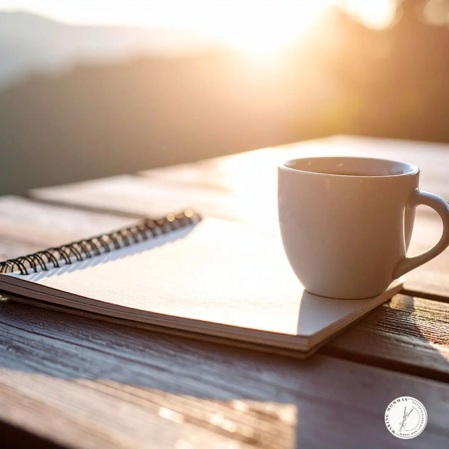 A coffee mug beside an open notebook on a wooden table, softly lit by warm morning sunlight.