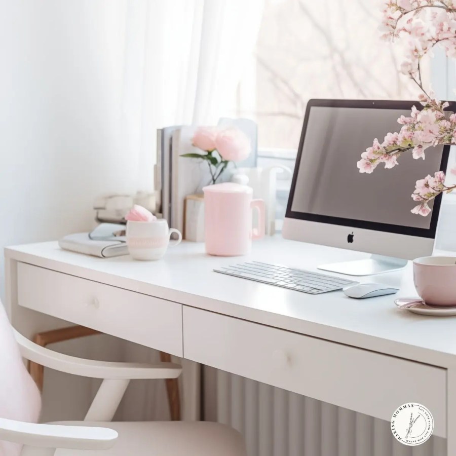 Bright and feminine home office setup featuring a white desk, pastel pink decor, fresh flowers, and a computer by the window, creating a cozy and inspiring workspace.