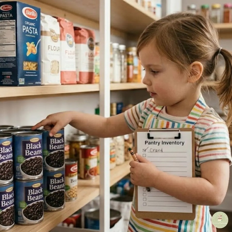 Toddler wearing a striped apron checks pantry shelves of canned goods while holding a clipboard labeled pantry inventory and a crayon.
