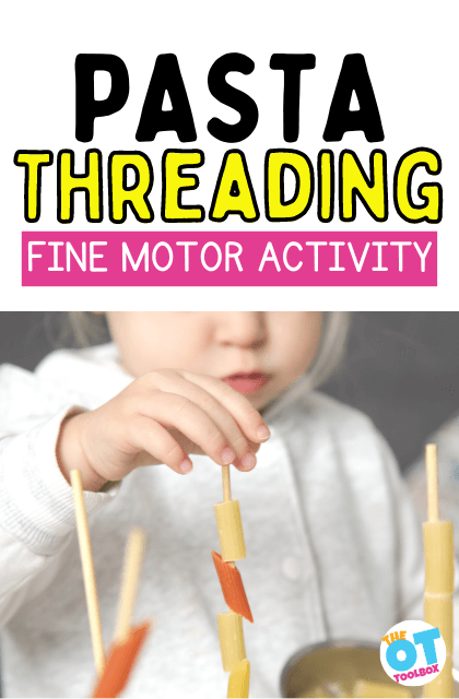 Child doing a pasta threading fine motor activity, stacking dry pasta pieces onto wooden skewers to practice hand coordination.